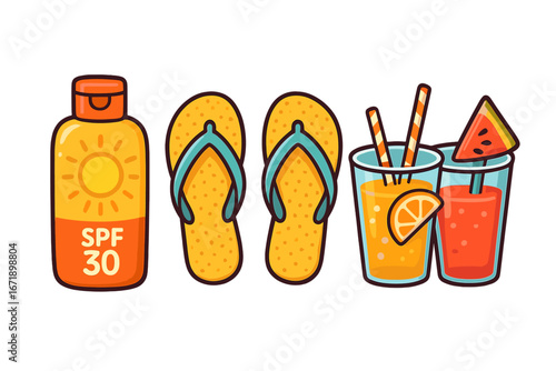 Summer beach vacation essentials icon set. Sunscreen lotion, flip flops and refreshing drinks. Vector cartoon illustration of orange and watermelon juice isolated on white.