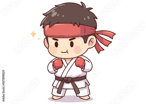 Confident boy in a karate uniform practicing martial arts