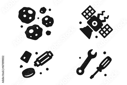 Space Hazards Icons Set. Solid Vector Illustrations of Asteroid Field, Broken Satellite, Space Debris, Floating Tools, Junk, Orbital Hazards, Collision Risk, Dangerous Objects, Outer Space Threats