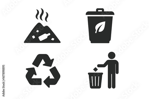 Waste management icon set. Ecology and environment concept. Recycling symbol. Garbage segregation and disposal. Landfill, compost, trash bin vector pictogram collection.