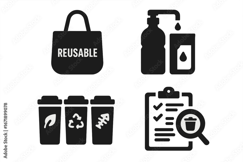 Solid Black Waste Reduction Icons Set. Reusable Bag, Liquid Refill Station, Bin Sorting with Eco, Recycle, Organic Symbols, Waste Audit, Checklist. Sustainable Eco-Friendly Vector Illustration Solid Black Waste Reduction Icons Set. Reusable Bag, Liquid Refill Station, Bin Sorting with Eco, Recycle, Organic Symbols, Waste Audit, Checklist. Sustainable Eco-Friendly Vector Illustration