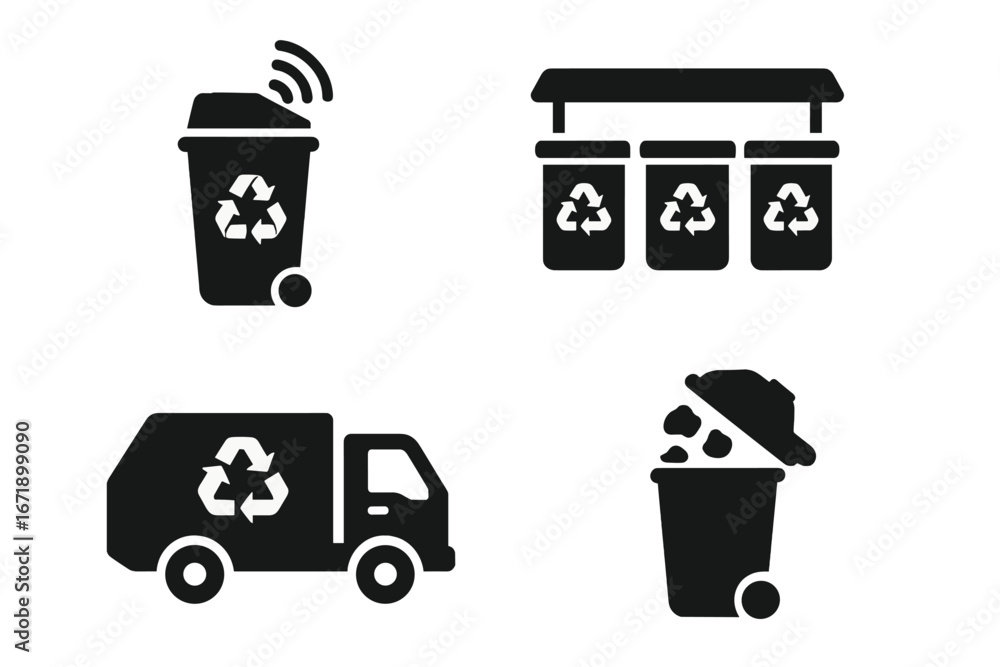 Smart waste management icons set. Solid filled vector illustration of recycling bins, smart trash cans with sensors, waste collection trucks, recycling stations, garbage disposal signs Smart waste management icons set. Solid filled vector illustration of recycling bins, smart trash cans with sensors, waste collection trucks, recycling stations, garbage disposal signs