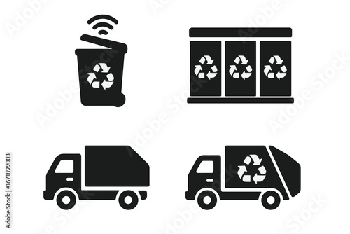 Solid Vector Icon Set for Waste Management, Smart Trash Bins with Wireless Signals, Recycling Stations, Garbage Collection Trucks, Eco-Friendly Transport, Sustainability Concept, Black Silhouette