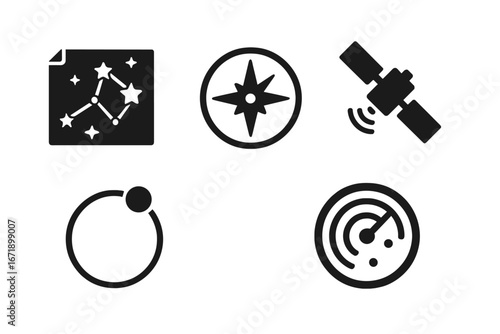 Space Navigation Icons Set. Solid Vector Symbols of Star Chart, Compass, GPS Satellite, Trajectory Path, Radar. Astronomy Exploration, Navigation Technology, Science, Space Mission Elements
