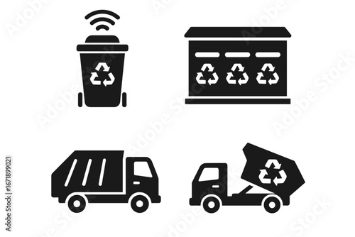 Smart Waste Management Icons Set. Solid Filled Vector Trash Bins, Recycling Stations, Collection Trucks. Modern Garbage Disposal, Eco-Friendly Recycling, Smart Sensor Technology, Urban Environment