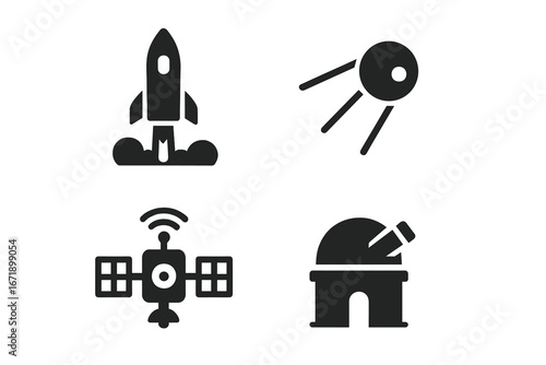 Solid space mission icons collection. Filled vector set with rocket launch, satellite, space probe, observatory telescope. Astronomy, exploration, science technology. Isolated transparent background