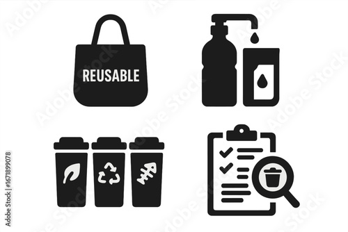 Solid Black Waste Reduction Icons Set. Reusable Bag, Liquid Refill Station, Bin Sorting with Eco, Recycle, Organic Symbols, Waste Audit, Checklist. Sustainable Eco-Friendly Vector Illustration