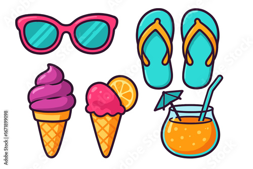 Colorful summer beach vacation icon set. Vector cartoon illustration of sunglasses, flip-flops, ice cream and tropical drink. Isolated holiday travel leisure accessory elements.