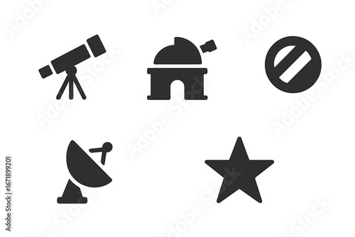 Astronomy and Space Observation Solid Icon Set. Telescope, Observatory, Satellite Dish, Star, Lens. Space Science Equipment, Astrophysics Tools, Astronomy Exploration Vector Illustration