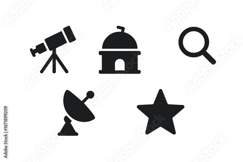 Astronomy exploration icons set. Solid vector symbols for telescope, observatory, magnifying glass, satellite dish, star. Science, space observation, stargazing, astrophysics, research tools