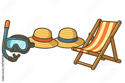 Beach day essentials set with snorkeling gear, sun hats, and a lounge chair for a relaxing seaside experience. Summer vacation and travel concept. Vector cartoon illustration.