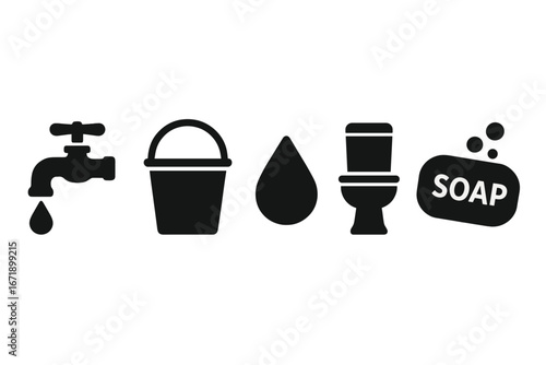 Water sanitation hygiene icons set. Solid vector illustration of water tap, bucket, water droplet, toilet, soap bar. Clean water aid, hygiene, restroom, handwashing, health, disease prevention.