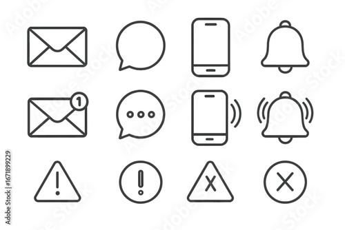 Communication and alert line icon set. Essential notification vector symbols for UI and UX design. Includes message, mail, chat, warning, error, and phone alert icons.