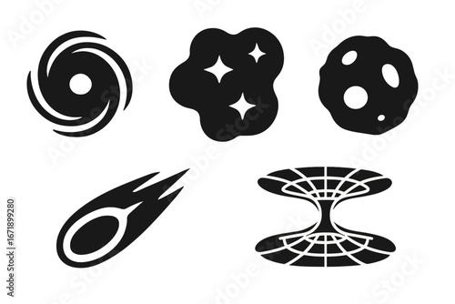 Cosmic Phenomena Icon Set. Solid Black Vector Icons of Space Phenomena Including Black Hole, Nebula, Asteroid, Comet, Wormhole, Interstellar, Deep Space, Astronomy, Universe, Science