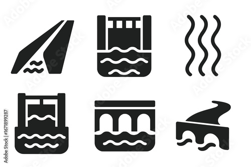 Solid Filled Water Channel Icons Set. Irrigation Ditch, Canal Lock, Aqueduct, Flow Control, River Gate, Water Movement, Hydraulic Structures, Infrastructure Vector Illustration Collection