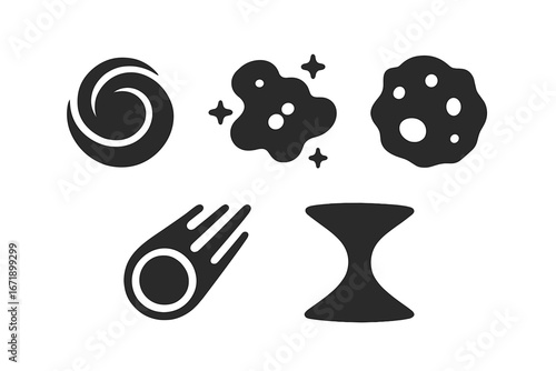Space Phenomena Icons Vector Set. Solid Filled Symbols of Black Hole, Nebula, Asteroid, Comet, Wormhole. Astronomy, Galaxy, Cosmic Object, Meteor, Stellar Cloud, Outer Space Illustration