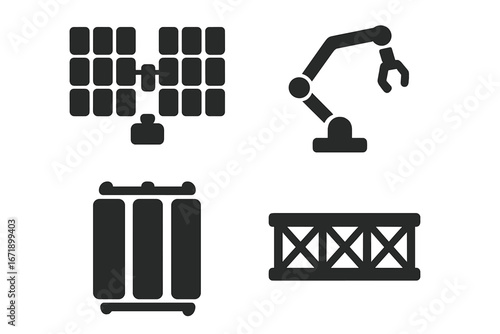 Space station component icons vector set. Solid filled symbols of solar panel array, robotic arm, radiator panel, truss structure. Construction elements for space exploration, technology, engineering.