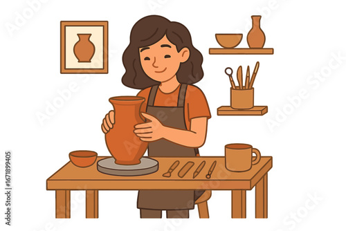 Woman potter making clay vase on pottery wheel in workshop. Creative craft hobby, handmade ceramic art. Artist sculpting earthenware. Cartoon vector flat illustration concept.
