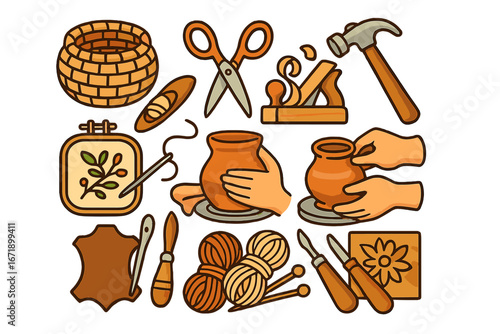 Set of craft and hobby icons. Handmade creative work. Pottery, basket weaving, embroidery, woodworking, knitting, leatherwork. Traditional artisan skills and tools collection.