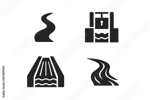Water channel icons set. Curved river, canal lock, irrigation channel, water stream, flow, aquatic infrastructure, waterways, hydraulic engineering, landscape, transport, agriculture, vector
