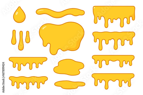 Honey drip vector set. Golden syrup, oil or melted cheese sauce drops. Liquid yellow splash and flow shapes. Cartoon slime illustration. Dripping paint blobs collection.