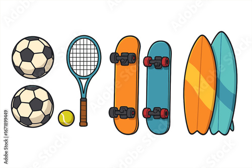 Collection of sports equipment. Vector illustration set with soccer ball, tennis racket, skateboard, and surfboard. Cartoon icons for hobby, lifestyle and recreational activities.