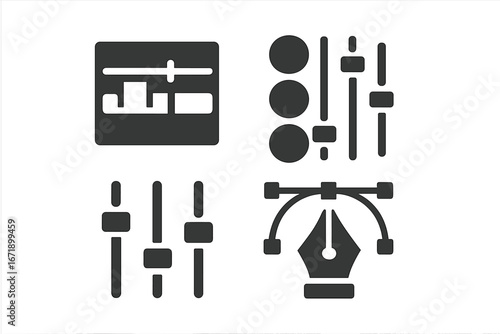Post production glyph icons set. Video editing timeline, color grading wheels, sound mixer equalizer, vector pen tool. Solid pictograms for filmmaking, audio mastering ui ux.