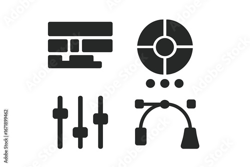 Post-production solid glyph icon set. Video editing timeline, color grading wheel, audio mixer, and vector pen tool icons. Filmmaking and multimedia creation symbols.