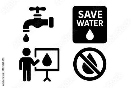 Water Conservation Awareness Icons Set. Solid Vector Collection Showing Faucet, Droplet, Save Water Campaign, Education Presentation, Public Sign, No Water Wasting Symbols, Environmental Protection