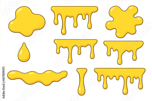 Honey drip vector set. Golden syrup, melted cheese sauce, or oil liquid shapes. Cartoon flowing paint drops, splashes and puddles. Yellow sweet food slime illustration.
