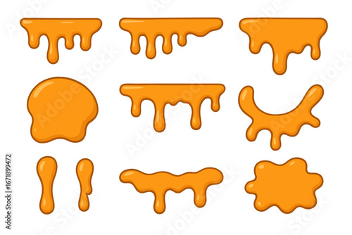 Set of honey drips, caramel drops, and melted cheese sauce splashes. Golden yellow liquid syrup blobs and dripping paint borders. Vector cartoon illustration for food design.