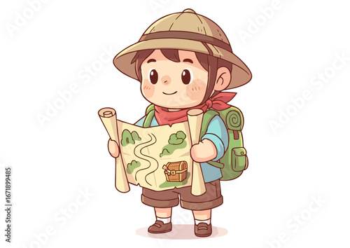 Curious boy exploring with a map and wearing a sun hat