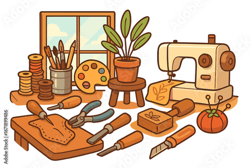 Artisan crafting tools for DIY hobbies. Creative workshop with sewing machine for tailoring, leatherwork tools, art supplies for painting. Handmade process vector illustration.