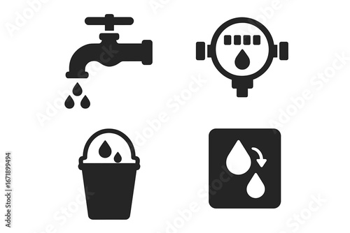 Water conservation concept solid filled icon set. Dripping faucet, water meter, bucket collection, reuse, efficiency, saving resources, sustainability, plumbing, drop symbol. Vector illustration.