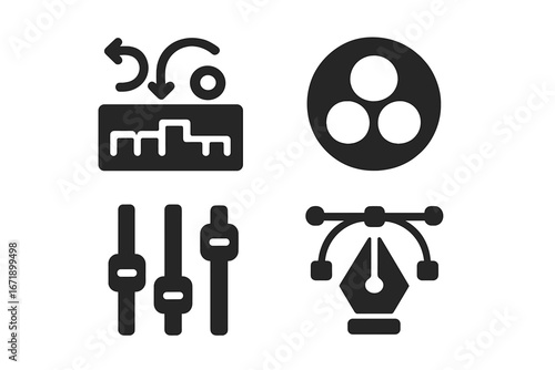 Post-production workflow icon set. Solid glyph symbols for video editing, color grading, audio mixing, and vector graphic design. Timeline, RGB color, sound mixer, pen tool.