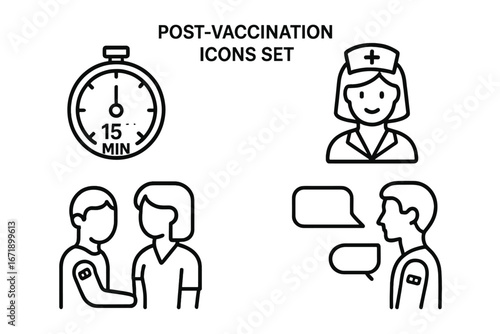 Post-vaccination icons set. Vector line icons for immunization. Health care concepts. 15 minute timer, nurse monitoring, patient consultation, after vaccine side effects.