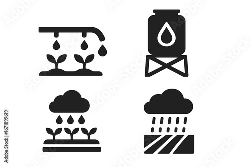 Water conservation farming icons set. Drip irrigation, water storage tank, rainwater harvesting, precipitation irrigation, sustainable agriculture. Solid vector symbols, eco farming, black silhouette.