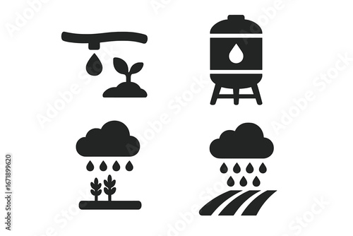 Water conservation farming icons set. Drip irrigation system, water storage tank, rainfall for crops, agriculture watering, eco-friendly irrigation, solid vector symbols isolated