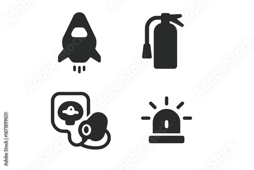 Spaceship Safety Icons Set. Solid, Filled Vector Illustrations of Spaceship Safety Features Including Escape Pod, Fire Extinguisher, Oxygen Mask, Emergency Alarm. Space Travel Equipment Symbols