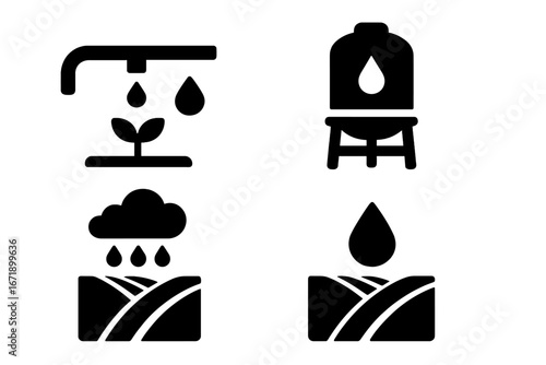 Solid Water Conservation Icon Set for Agriculture and Farming – Drip Irrigation, Water Tank Storage, Rain Harvesting, Field Water Drop, Modern Vector Illustration Transparent Background