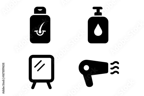 Post-workout essentials icon set. Solid glyph icons for gym locker room routine. Personal care and grooming symbols. Vector illustration of shampoo, body wash, mirror, hairdryer.