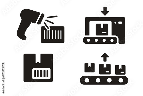 Post office automation solid icon set. Logistics and delivery service concept. Warehouse parcel sorting and scanning. Barcode reader, conveyor belt, automated sorting machine.
