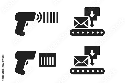Logistics and delivery icon set. Post office automation concept. Mail sorting, package scanning, conveyor belt, barcode reader. Postal service technology solid vector glyphs.