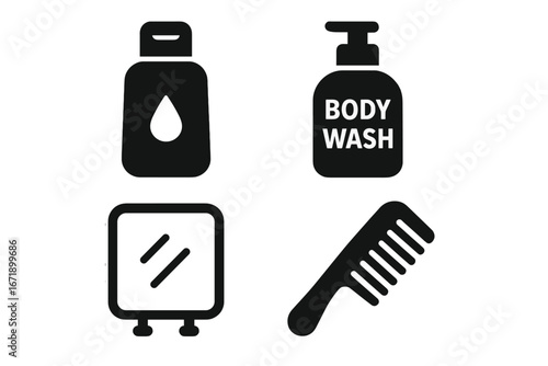 Vector icon set of post-workout essentials. Solid glyph symbols for gym locker room routine. Includes shampoo, body wash, mirror, comb. Personal care and hygiene concept.