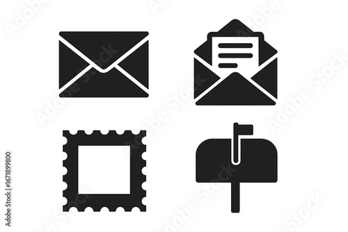 Postal service icon set. Solid glyph collection of mail communication symbols. Vector graphic elements including closed and open envelope, letter, postage stamp, and mailbox.