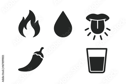 Spicy Pepper Effect Icons Set. Solid Black Vector Collection of Hot Chili Pepper, Burning Flame, Sweating Droplet, Burning Tongue Sensation, Glass of Water. Heat, Spicy Food Symbol