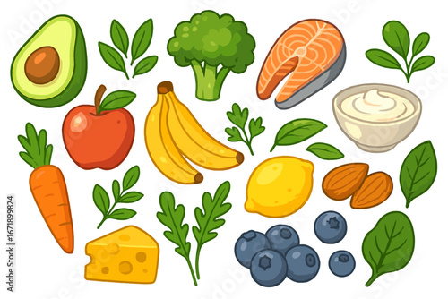 Healthy food set vector illustration. Cartoon icons for nutrition, diet. Fresh organic grocery. Fruit, vegetable, fish, cheese for healthy lifestyle & meal plan. Balanced diet concept.
