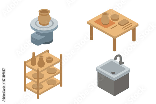 Pottery studio isometric icon set. Ceramic workshop equipment. Handmade craft hobby concept. Potter's wheel, clay pot, worktable, shelves with vases, utility sink vector pack.