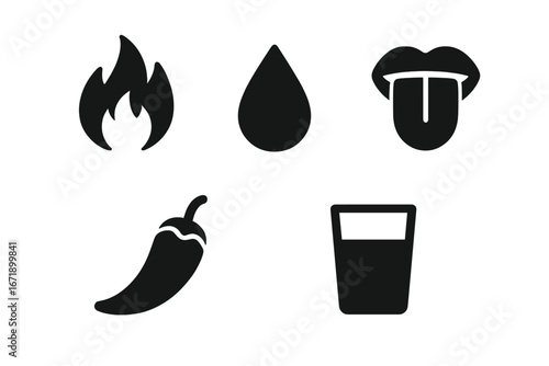 Spicy Pepper Icon Set, Solid Filled Vector Symbols of Hot, Spicy Effects—Flame, Sweat Drop, Tongue Burn, Chili Pepper, Glass of Water—Spiciness Reaction, Food Heat Concepts
