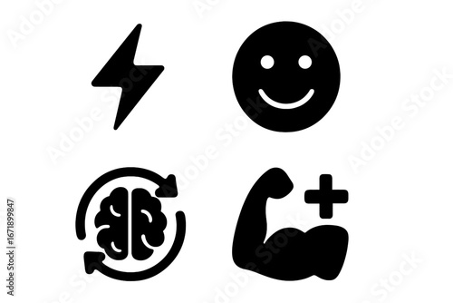 Power nap benefits solid icon set. Vector symbols for energy boost, improved mood, brain refresh, and muscle recovery. Health, wellness, productivity, and rest concept.